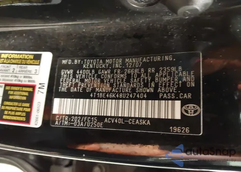 2008 Toyota Camry Se from USA, damaged, VIN 4T1BE46K48U247404